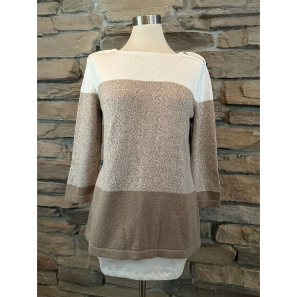 Karen Scott Women’s Color Block Sweater Medium Beige White Cotton 3/4 Sleeve - Picture 1 of 9